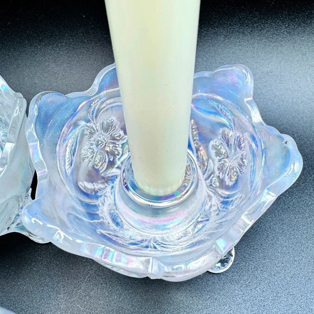 Imperial Iridescent White Carnival Glass Vtg. Floral Candle Console Set 3 Footed